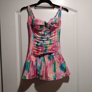 Brightly Colored Patterned Swimsuit with Skirt